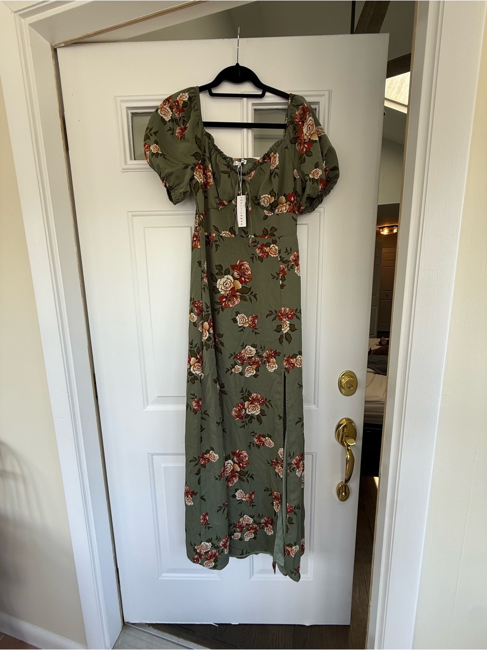 Baltic Born Angela Olive Green Floral Maxi Dress with Puff Sleeves